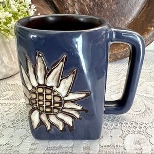 Sunflower Coffee Mug Handmade Design by Mara Mexican Pottery Navy Drink Ware